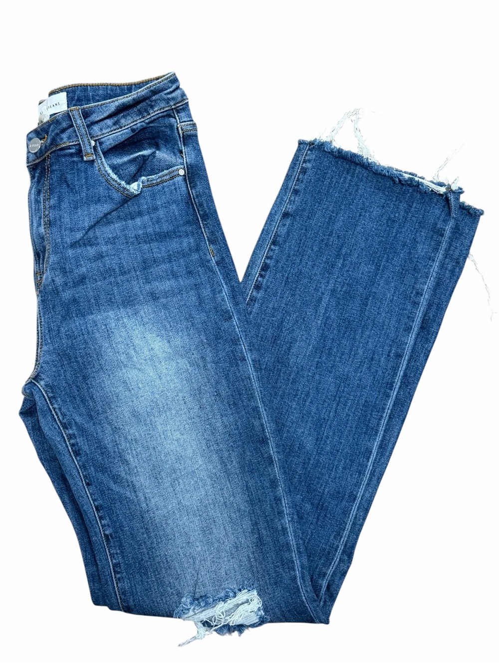 Risen High Rise Distressed Straight Leg Raw Hem Jeans Blue Wash Size 9/29